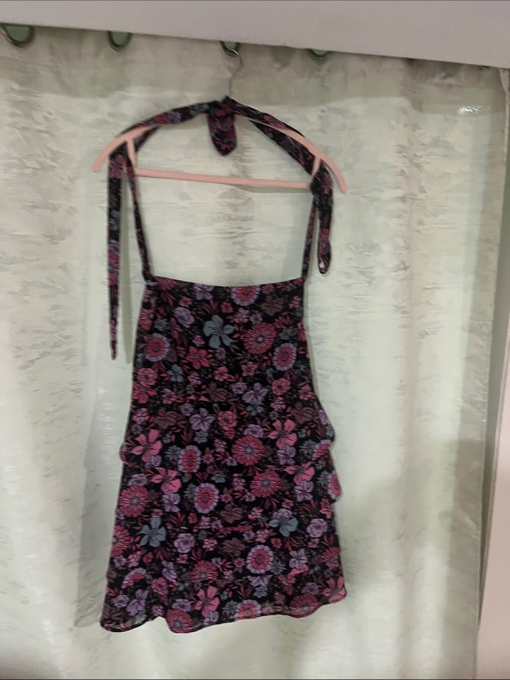 MAJORELLE Black Halter Dress with Pink & Purple Floral Print